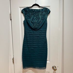 Adrianna Papell Teal Midi Dress with Embroidered Detail